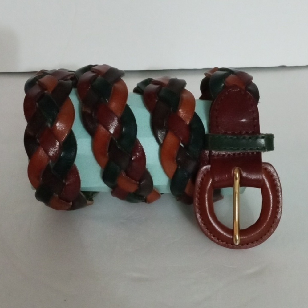 Women's Braided Leather Belt sz L Tan Dark Green Brown Preowned - Picture 2 of 5
